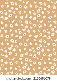 Abstract Small Daisy Flowers Hand Drawn Cute Ditsy Florals Seamless Pattern Trendy Fashion Colors Perfect for Allover Fabric Print or Wrapping Paper Milky Brown Background