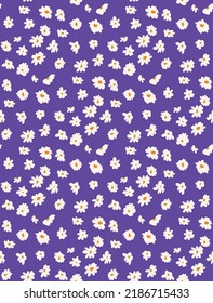 Abstract Small Daisy Flowers Hand Drawn Cute Ditsy Florals Seamless Pattern Trendy Fashion Colors Perfect for Allover Fabric Print or Wrapping Paper Electric Purple Background