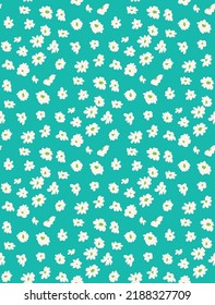 Abstract Small Daisy Flowers Hand Drawn Cute Ditsy Florals Seamless Pattern Trendy Fashion Colors Perfect for Allover Fabric Print or Wrapping Paper Tiffany Blue Background