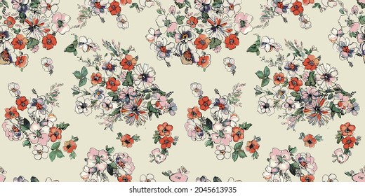 abstract small flowers arrangement all over design with solid background for textile printing factory