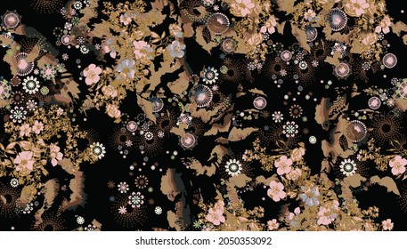 abstract small flowers arrangement all over design with black solid background for textile printing factory
