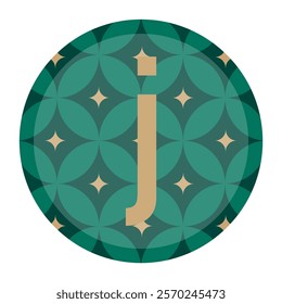 Abstract small letter j icon with golden accents and green circular floral design