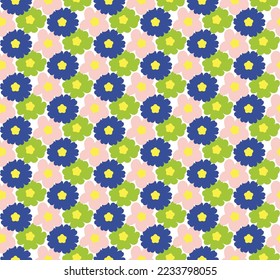 Abstract Small Peony Florals Hand Drawn Retro Flowers Seamless Vector Pattern Trendy Fashion Colors Perfect for Allover Fabric Print or Wrapping Paper Navy Blue Green Pink Tones