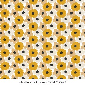 Abstract Small Peony Florals Hand Drawn Retro Flowers Seamless Vector Pattern Trendy Fashion Colors Perfect for Allover Fabric Print or Wrapping Paper Mustard Yellow Beige Tones