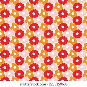Abstract Small Peony Florals Hand Drawn Retro Flowers Seamless Vector Pattern Trendy Fashion Colors Perfect for Allover Fabric Print or Wrapping Paper Red Orange Pastel Pink Tones