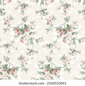 Abstract small pink flowers arrangement with green leaves, all over design with beige background. 