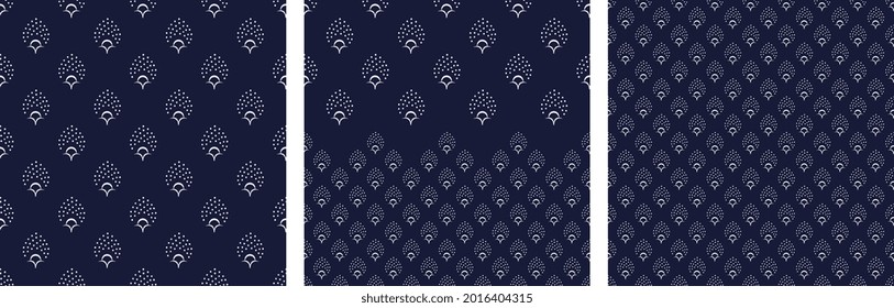 Abstract small white flowers motif pattern classic blue background. Modern bordure ditsy floral fabric design textile swatch, ladies dress, man shirt, fashion garment, silk scarf all over print block.