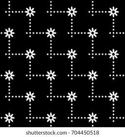Abstract small white flowers seamless pattern geometric floral motif black background. Vintage ornamental design decorative ornament continuous background. High resolution image, digital illustration.
