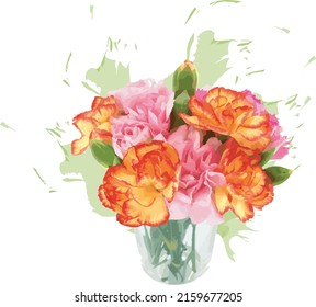 Abstract of Smaller carnations arrangements with color splashed on white background.