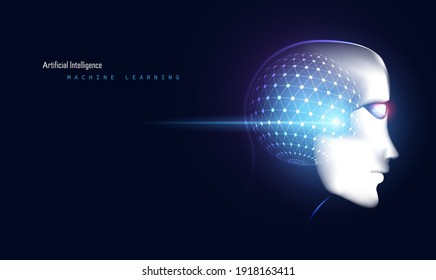 Abstract Smart Artificial Intelligence Digital Futuristic Technology Face With Brain Wireframe Blue Concept Ai Humanoid Head Virtual Neural Network.