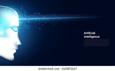 Abstract smart artificial intelligence digital futuristic technology face with light wireframe blue concept ai humanoid head virtual neural network.