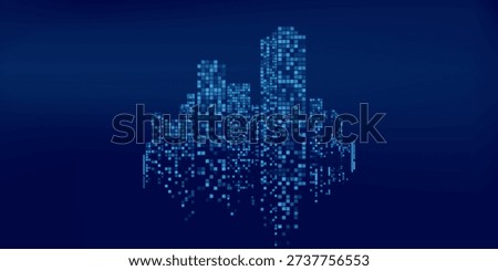 Abstract Smart City Skyline Silhouette formed by Digital Glowing Pixels on a Dark Blue Gradient Background. Futuristic Technology Vector Illustration for Big Data Analytics, Cybersecurity, Urban Innovation Branding, and Internet of Things (IoT) Concepts. Modern Professional Digital Art Asset.