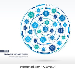 Abstract smart home technology background. Digital connect system with integrated circles, glowing thin line icons. Network system group, interface concept. Vector future infographic illustration