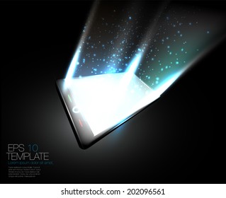 Abstract smart  mobile device gloving in dark with sparkles. Editable layered vector template.