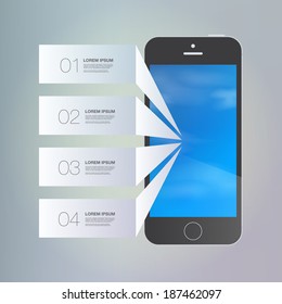 Abstract Smart phone infographic text box design with numbers, your text and blue sky background with clouds  Eps 10 stock vector illustration 