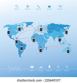 Abstract smart phone with social network image. Vector connection concept background with world map.