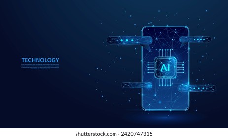 Resumen de smartphone con sistema de inteligencia artificial en computadora y barra de voz sobre fondo azul oscuro. Fondo de tecnología de bajo nivel de armazón de polilla.