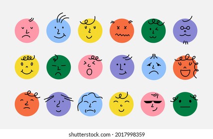 Abstract Smile Face Icons. Cartoon Round Emoji Avatars, Emoticon Character Set, Funny Doodle Isolated Vector Elements