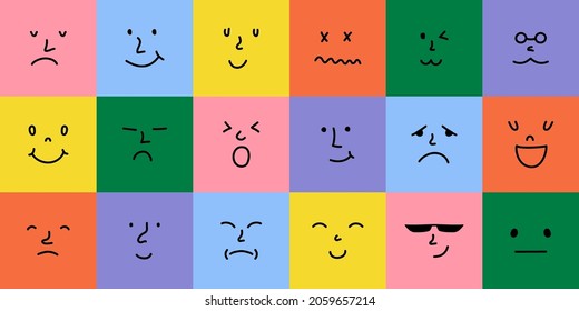 Abstract smile face icons. Cartoon emoji avatars, colorful emoticon character set, funny doodle isolated vector elements