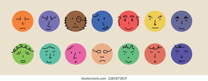 Abstract smile face icons. Cartoon round emoji avatars. Emoticon character set. Funny doodle isolated vector elements.