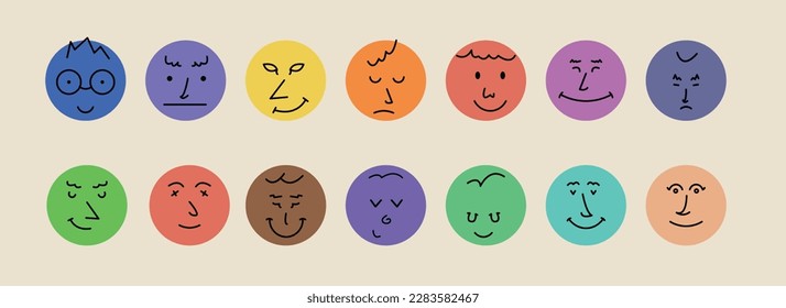 Abstract smile face icons. Cartoon round emoji avatars. Emoticon character set. Funny doodle isolated vector elements.