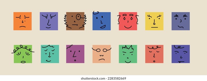 Abstract smile face icons. Cartoon square emoji avatars. Emoticon character set. Funny doodle isolated vector elements.