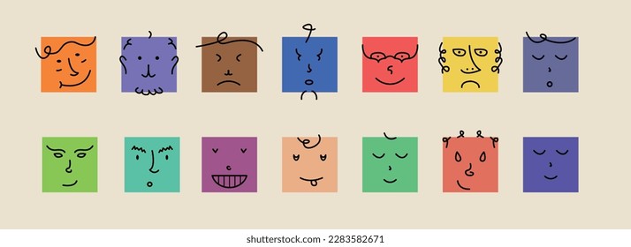 Abstract smile face icons. Cartoon square emoji avatars. Emoticon character set. Funny doodle isolated vector elements.