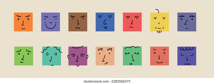 Abstracto sonrisa cara iconos. Viajes de emojis cuadrados de dibujos animados. Juego de caracteres emoticonos. Diodle divertidos elementos vectoriales aislados.