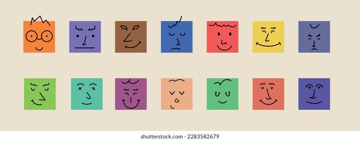 Abstract smile face icons. Cartoon square emoji avatars. Emoticon character set. Funny doodle isolated vector elements.