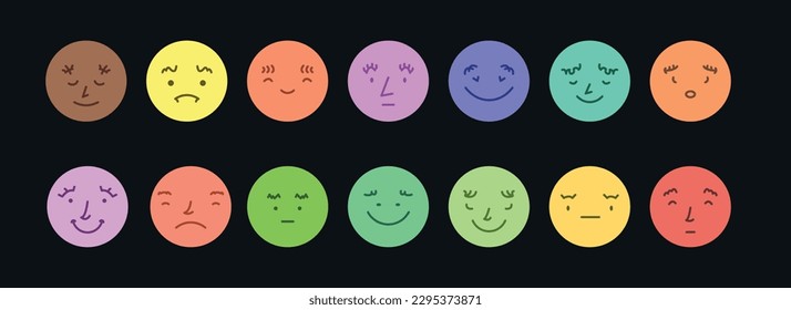 Abstract smile face icons. Cartoon round emoji avatars. Emoticon character set. Funny doodle isolated vector elements. Dark.