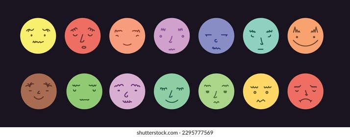 Abstract smile face icons. Cartoon round emoji avatars. Emoticon character set. Funny doodle isolated vector elements. Dark.