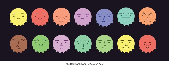 Abstract smile face icons. Cartoon round emoji avatars. Emoticon character set. Ghost-like doodles. Funny doodle isolated vector elements. Dark.