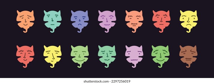 Abstract smile face icons. Cartoon round emoji avatars. Emoticon character set. Cat-like doodles. Funny doodle isolated vector elements. Dark.