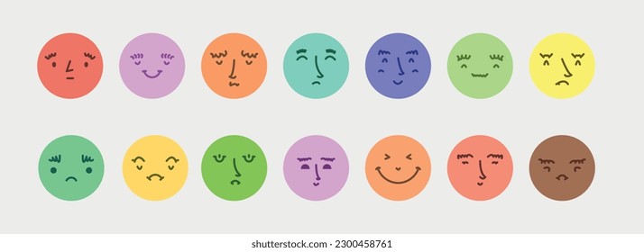 Abstracto sonrisa cara iconos. Caricatura alrededor de avatares de emoji. Juego de caracteres emoticonos. Diodle divertidos elementos vectoriales aislados.