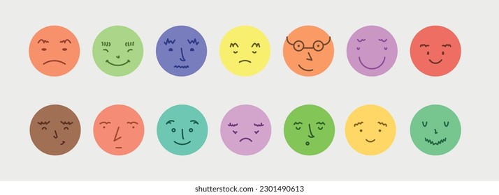 Abstracto sonrisa cara iconos. Caricatura alrededor de avatares de emoji. Juego de caracteres emoticonos. Diodle divertidos elementos vectoriales aislados.