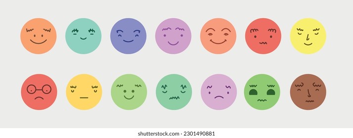 Abstract smile face icons. Cartoon round emoji avatars. Emoticon character set. Funny doodle isolated vector elements.