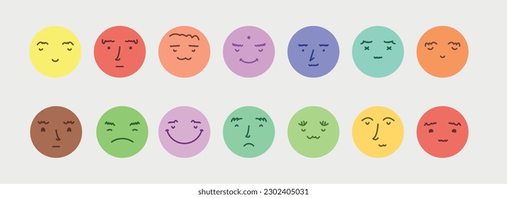 Abstract smile face icons. Cartoon round emoji avatars. Emoticon character set. Funny doodle isolated vector elements.