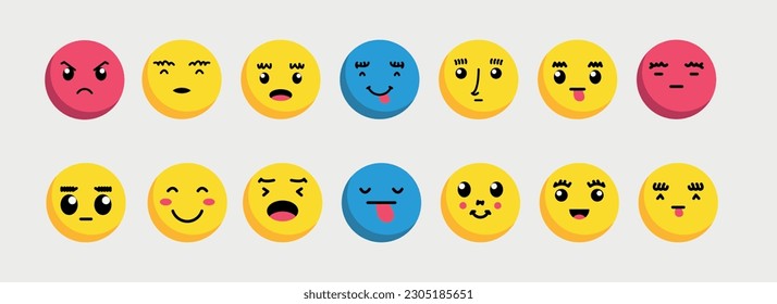 Abstract smile face icons. Cartoon round emoji avatars. Emoticon character set. Funny doodle isolated vector elements. Sad, angry, exhausted, shocked, confused faces.