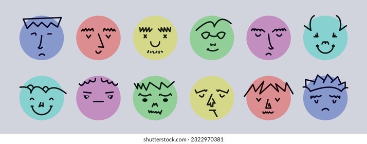 Abstract smile face icons. Cartoon round emoji avatars. Emoticon character set. Funny doodle isolated vector elements. Sad, angry, exhausted, shocked, confused faces.