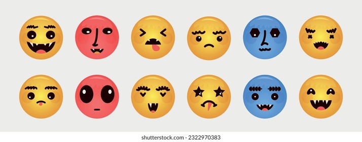 Abstract smile face icons. Cartoon round emoji avatars. Emoticon character set. Funny doodle isolated vector elements. Sad, angry, exhausted, shocked, confused faces.
