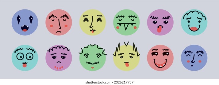 Abstract smile face icons. Cartoon round emoji avatars. Emoticon character set. Funny doodle isolated vector elements. Sad, angry, exhausted, shocked, confused faces.