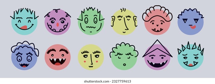 Abstract smile face icons. Cartoon round emoji avatars. Emoticon character set. Funny doodle isolated vector elements. Sad, angry, exhausted, shocked, confused faces.