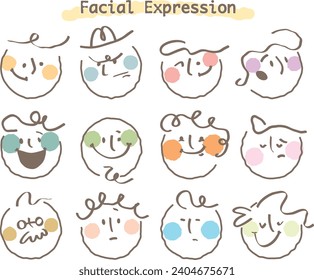 Abstract smile face icons.Cartoon round emoji avatars.Emoticon character set.Abstract faces drawing vector art.Hand drawn flat Line vector set facial.