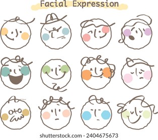 Abstract smile face icons.Cartoon round emoji avatars.Emoticon character set.Abstract faces drawing vector art.Hand drawn flat Line vector set facial.Different colored avatar. flat design, drawing