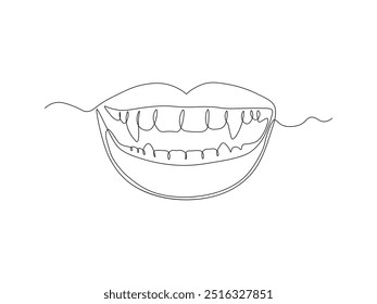 Sonrisa Abstractas con colmillos, vampiro, boceto de dibujo a mano de una línea de arte, logotipo