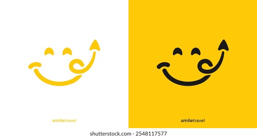 Logo Abstractas del viaje de la sonrisa. Sonrisa cara y plano o flecha hacia arriba icono gráfico. Plantilla de diseño de logotipo de viaje feliz.