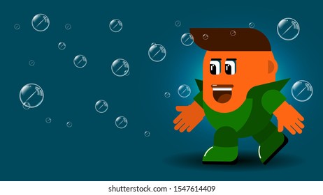 Abstract smiling cartoon character in green clothes moves on an azure background among soap bubbles. abstract art wallpaper. vector image
