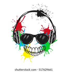 abstract smiling character listening a music in headphones dressed in sunglasses .Vector illustration