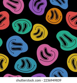 Abstract smiling face seamless pattern in 70s hippie style. Funny melting smiling happy characters background. Cartoon art illustration for retro vintage wallpaper design