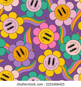 Abstract smiling flower face funny rainbows seamless pattern in 70s hippie style. Daisy blossom on rainbow background. Cartoon happy smiling flowers art illustration for retro vintage wallpaper design